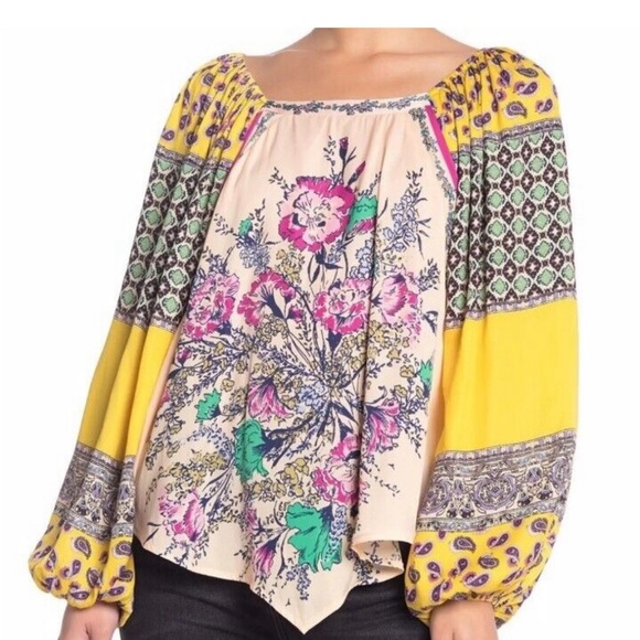 Free People M ulticolor Satin Floral Off-Shoulder Long Sleeve Top Size M - Picture 2 of 5